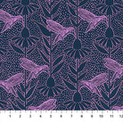 Carmon's Quilt Shop Indelible Ink fabric featuring pink hummingbird and flower line art on a dark navy background.