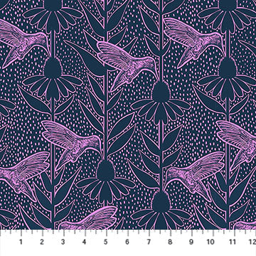 Carmon's Quilt Shop Indelible Ink fabric featuring pink hummingbird and flower line art on a dark navy background.