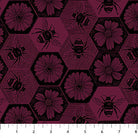 Carmon's Quilt Shop Indelible Ink fabric featuring black bees and flowers in a hexagonal pattern on a dark plum background