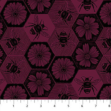 Carmon's Quilt Shop Indelible Ink fabric featuring black bees and flowers in a hexagonal pattern on a dark plum background