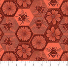 Carmon's Quilt Shop Indelible Ink fabric featuring a modern coral and dark red honeycomb pattern with bees and flowers.