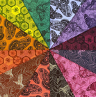 Carmon's Quilt Shop Indelible Ink fabric bundle featuring 12 colorful cotton prints with moth, bee, and floral motifs.