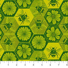 Carmon's Quilt Shop Indelible Ink fabric featuring a yellow and green honeycomb pattern with bees and flowers.