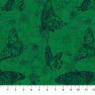 Carmon's Quilt Shop Indelible Ink fabric featuring green butterfly and floral line art pattern on cotton