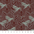 Carmon's Quilt Shop Indelible Ink fabric featuring light blue hummingbirds and flowers on a dark maroon background.