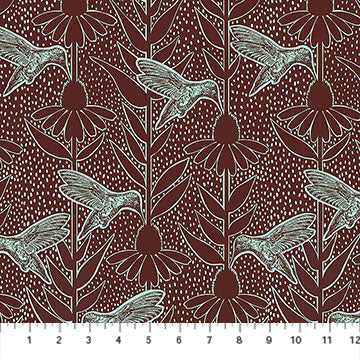 Carmon's Quilt Shop Indelible Ink fabric featuring light blue hummingbirds and flowers on a dark maroon background.