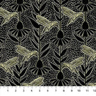 Carmon's Quilt Shop Indelible Ink fabric featuring gold hummingbird and floral patterns on a black background.