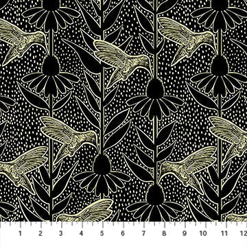 Carmon's Quilt Shop Indelible Ink fabric featuring gold hummingbird and floral patterns on a black background.