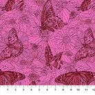 Carmon's Quilt Shop Indelible Ink fabric featuring pink butterfly and floral line art pattern on cotton