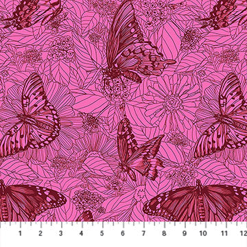 Carmon's Quilt Shop Indelible Ink fabric featuring pink butterfly and floral line art pattern on cotton
