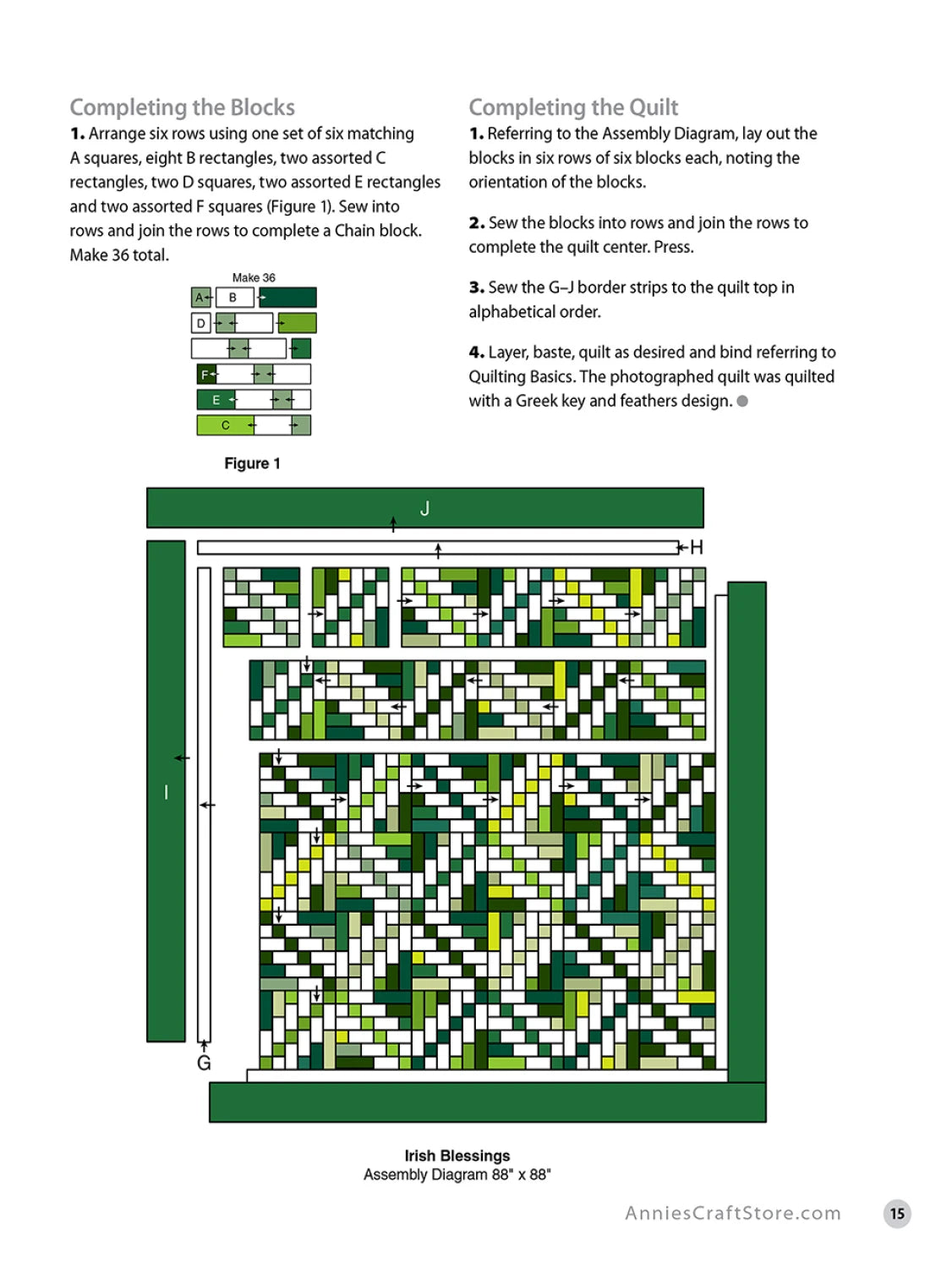 Carmon's Quilt Shop assembly diagram for the Irish Blessings quilt pattern featuring green and white block layouts