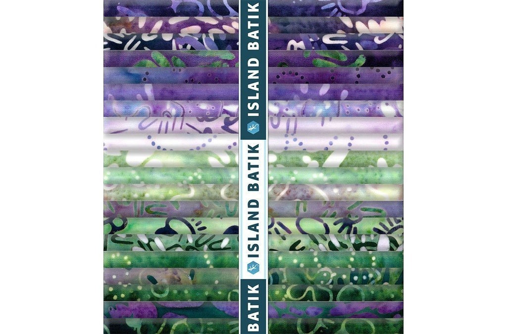 Carmon's Quilt Shop Island Batik Vintner's Treasure fabric bundle in purple and green with intricate patterns