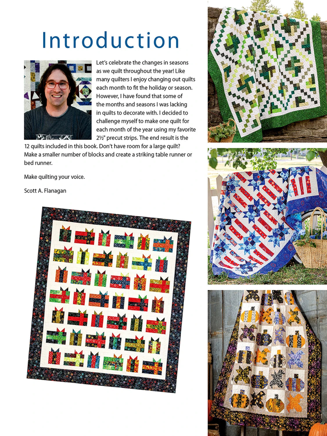 Carmon's Quilt Shop Jelly Roll Quilt Patterns for All Seasons book featuring seasonal quilt designs by Scott Flanagan