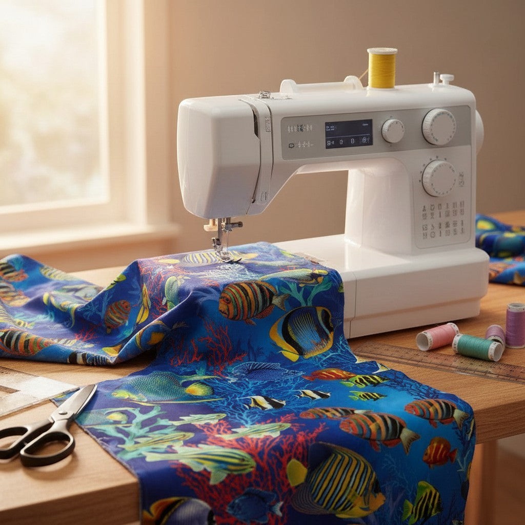 Carmon's Quilt Shop Jewel of The Sea cotton fabric with tropical fish print being sewn on a white sewing machine.