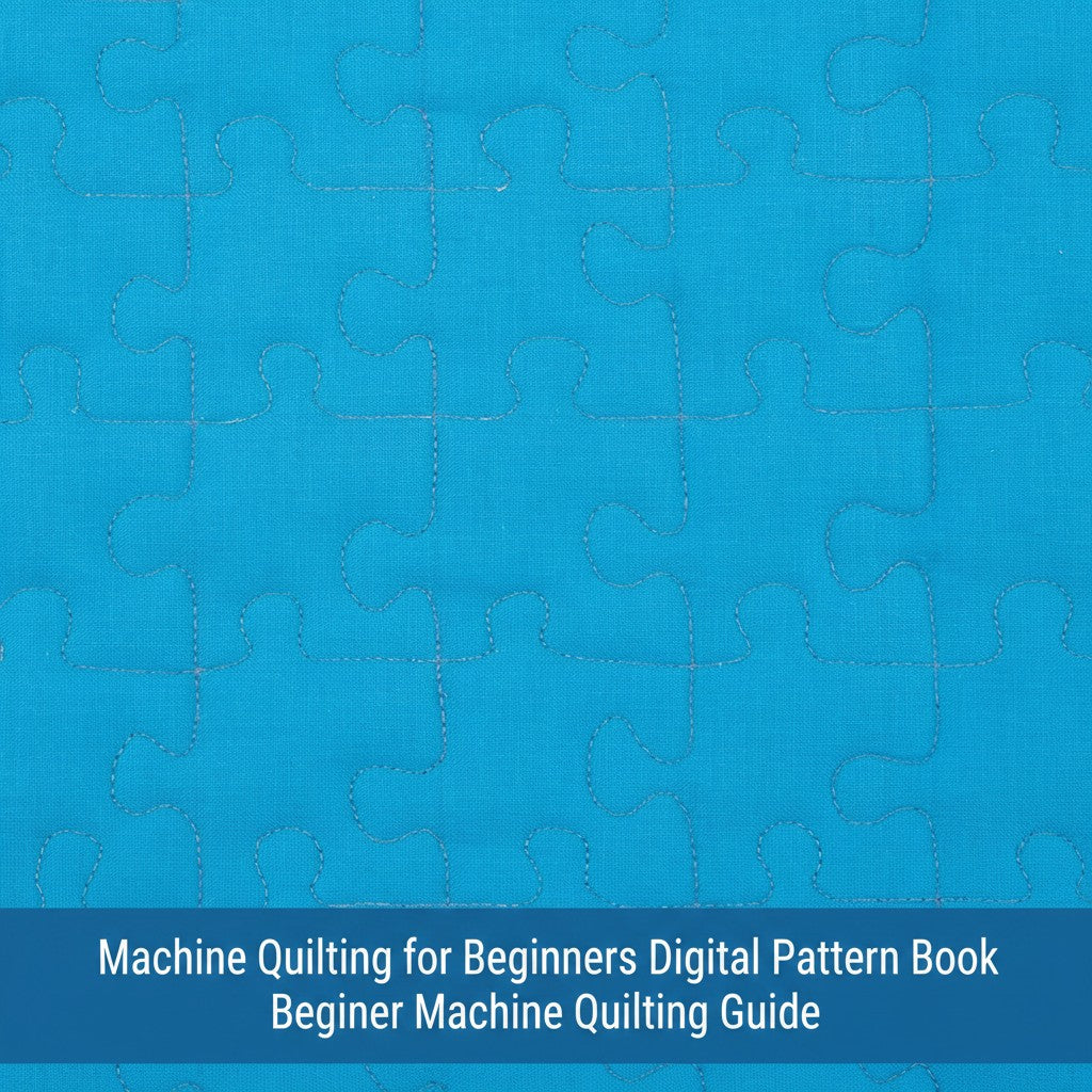 Carmon's Quilt Shop digital guide showing bright blue fabric with intricate jigsaw puzzle machine quilting patterns.