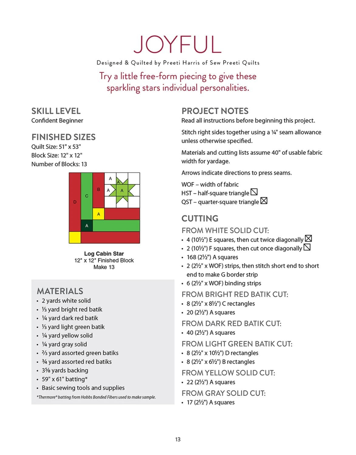 Carmon's Quilt Shop Joyful star quilt pattern page with cutting instructions and material list for beginner quilters