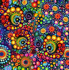 Carmon's Quilt Shop Jubilee 108-inch wide backing fabric featuring a vibrant, multi-colored dot mandala pattern.