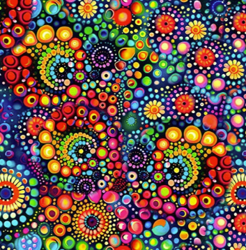 Carmon's Quilt Shop Jubilee 108-inch wide backing fabric featuring a vibrant, multi-colored dot mandala pattern.