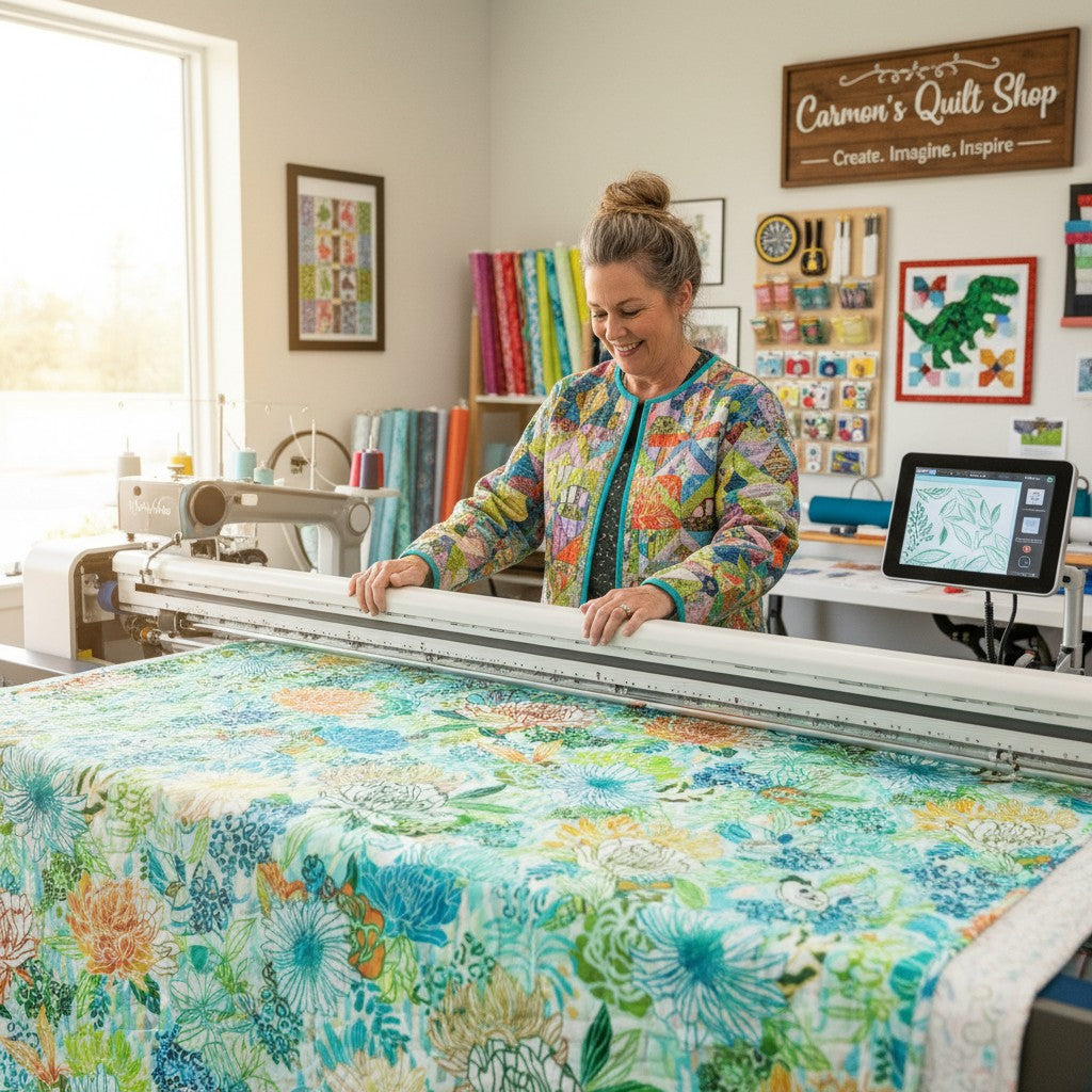 Robert Kaufman Jungle Wide fabric in Fiesta. 100% cotton with a modern geometric and floral design in blue, green, orange, and yellow.