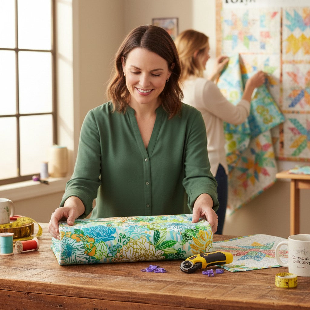 Carmon's Quilt Shop Jungle Wide Fabric, 100% cotton, features abstract floral and geometric patterns in fiesta colors.