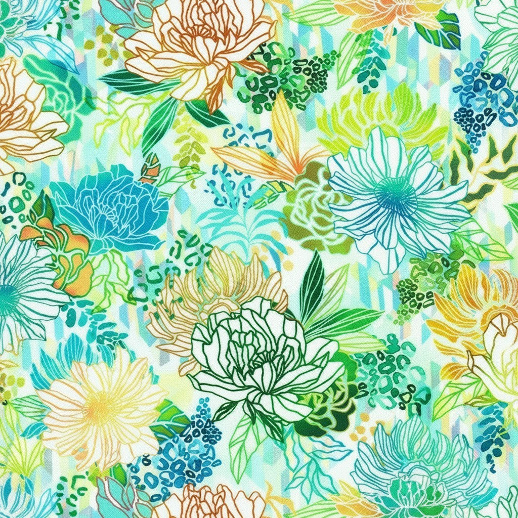 Carmon's Quilt Shop Jungle Wide Fabric: 100% cotton quilt backing with abstract floral design in fiesta colors.