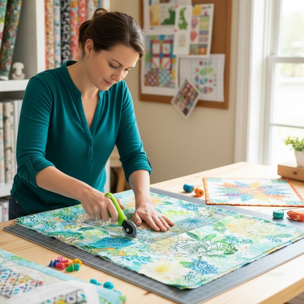 Carmon's Quilt Shop Jungle Wide Fabric in Fiesta: 100% cotton with abstract floral, geometric, and leopard print patterns in blue, green, orange, and yellow.