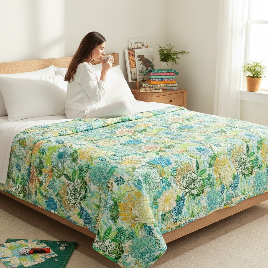 Carmon's Quilt Shop Jungle Wide Fabric in Fiesta features a modern geometric print with abstract floral and leopard accents in blue, green, orange, and yellow. 100% cotton.