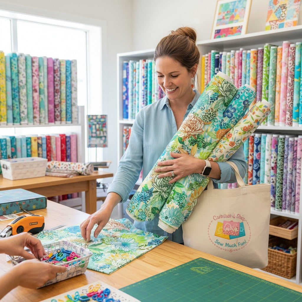 Carmon's Quilt Shop Jungle Wide fabric features a vibrant floral pattern with blue, green, orange, and yellow flowers outlined in white on a geometric background. 100% cotton.