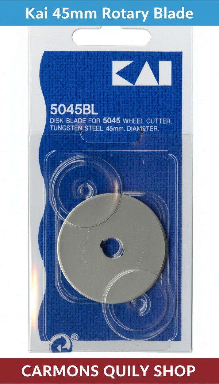 Carmon's Quilt Shop Kai 45mm tungsten steel replacement rotary cutter blade in retail packaging for quilting