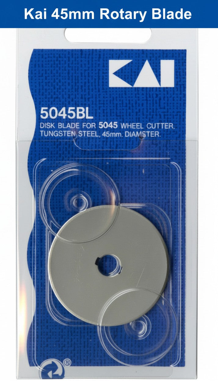 Carmon's Quilt Shop Kai 45mm tungsten steel replacement rotary cutter blade in original blue packaging