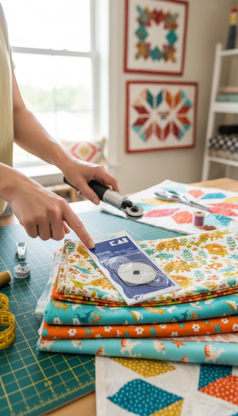 Carmon's Quilt Shop KAI 45mm tungsten steel replacement rotary cutter blade in packaging on a fabric cutting mat