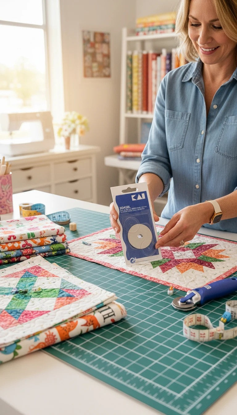 Carmon's Quilt Shop KAI 45mm tungsten steel replacement rotary cutter blade in packaging held by a smiling quilter.