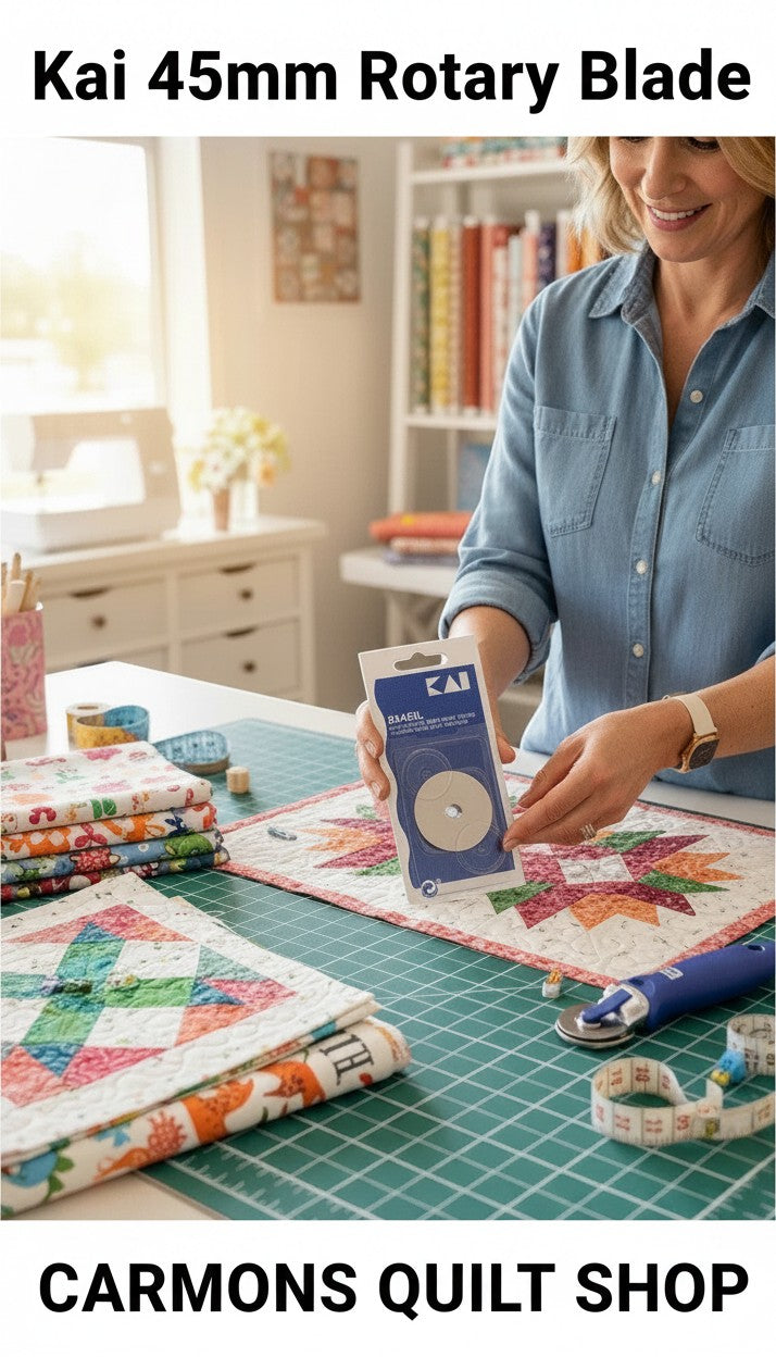 Woman holding a Kai 45mm rotary blade package at a sewing table in Carmon's Quilt Shop