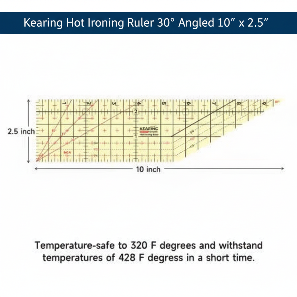 Carmon's Quilt Shop Kearing 10x2.5 inch heat-resistant hot ironing ruler with 30-degree angled edge for sewing