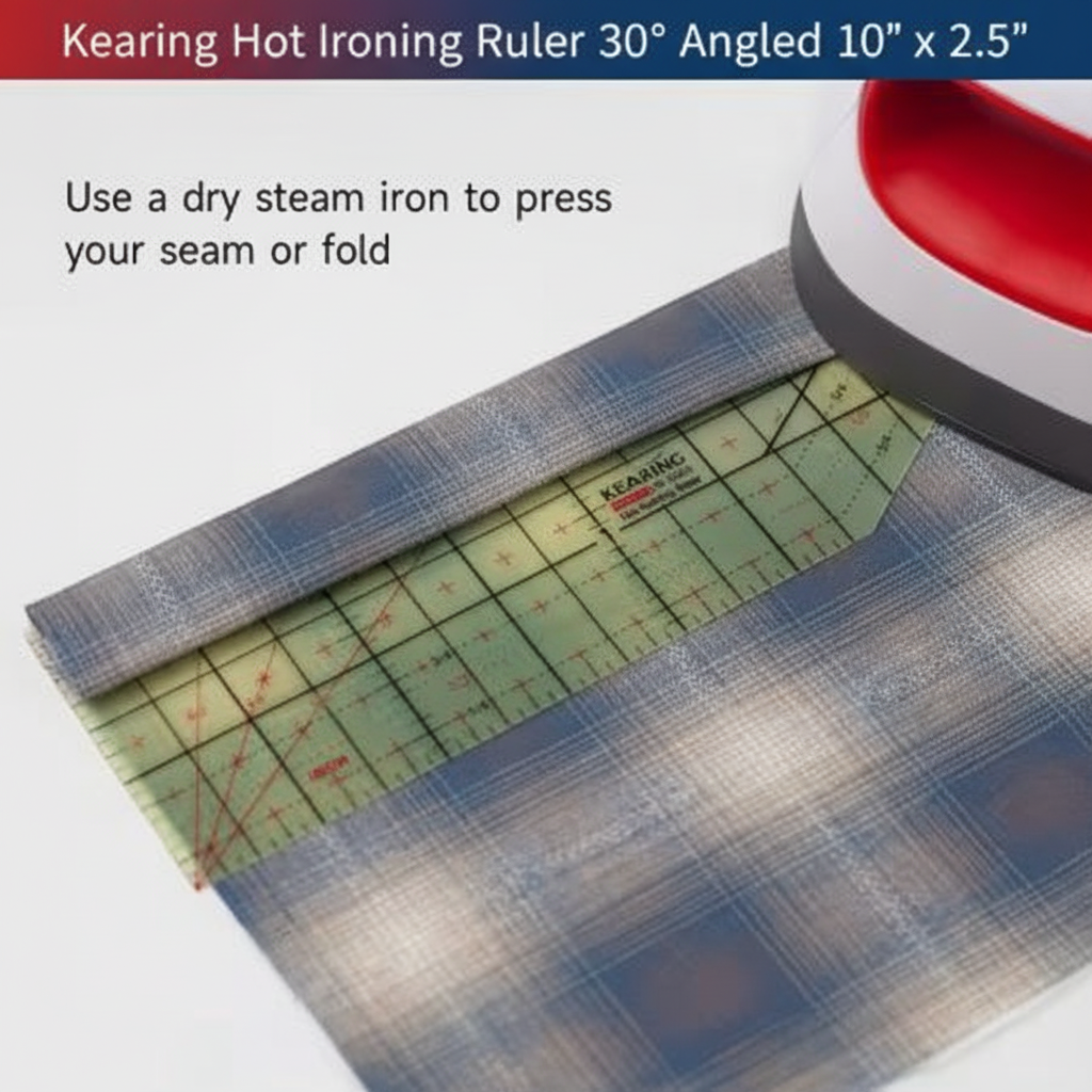 Carmon's Quilt Shop Kearing hot ironing ruler with 30-degree angle guide pressing a fabric hem with a dry iron