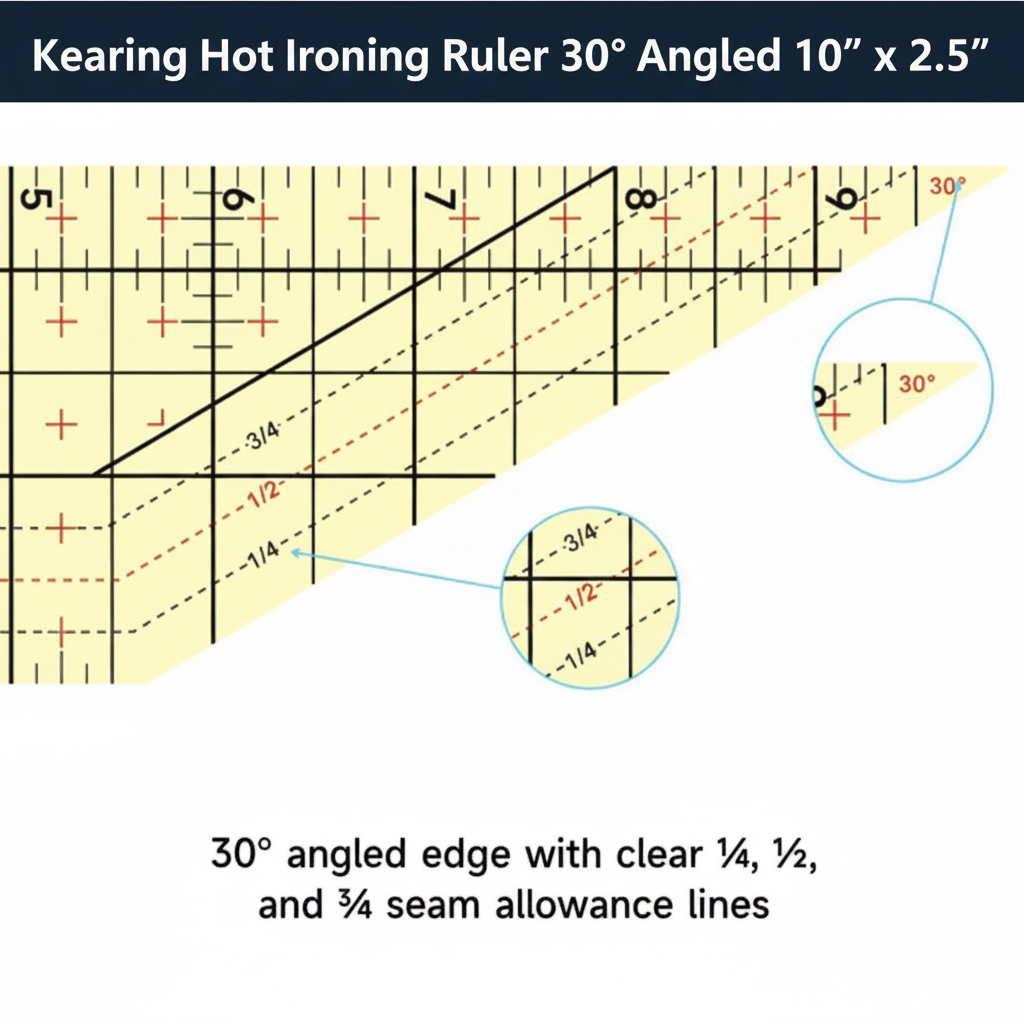 Carmon's Quilt Shop Kearing hot ironing ruler with 30-degree angled edge and clear seam allowance markings