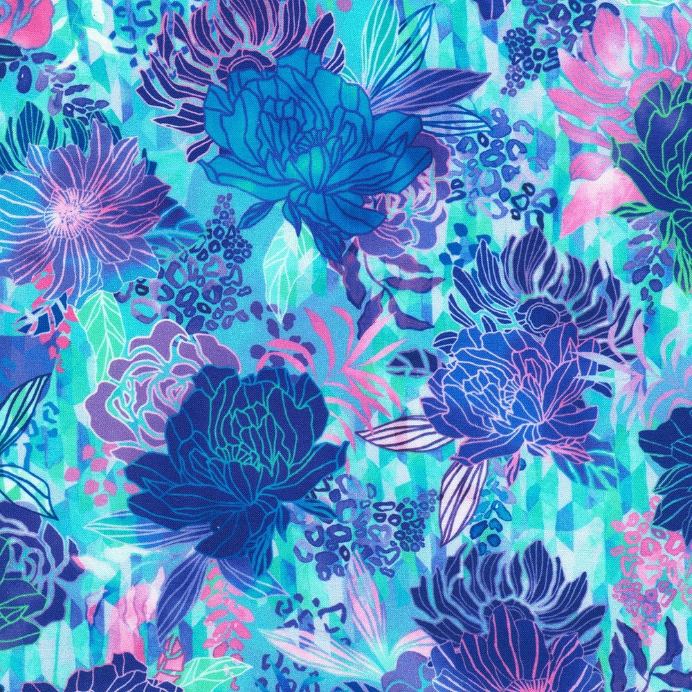 Carmon's Quilt Shop 108 inch wide lagoon floral fabric with blue and purple botanical print for quilting projects