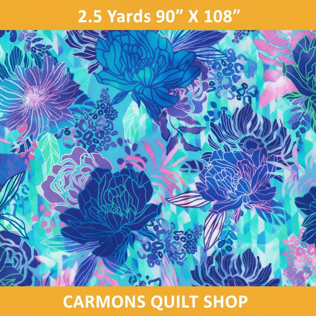 Carmon's Quilt Shop 108 inch wide lagoon floral quilting fabric with blue and purple peony print on geometric ground