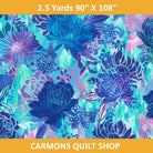 Carmon's Quilt Shop 108 inch wide lagoon floral quilting fabric with blue and purple peony print on geometric ground