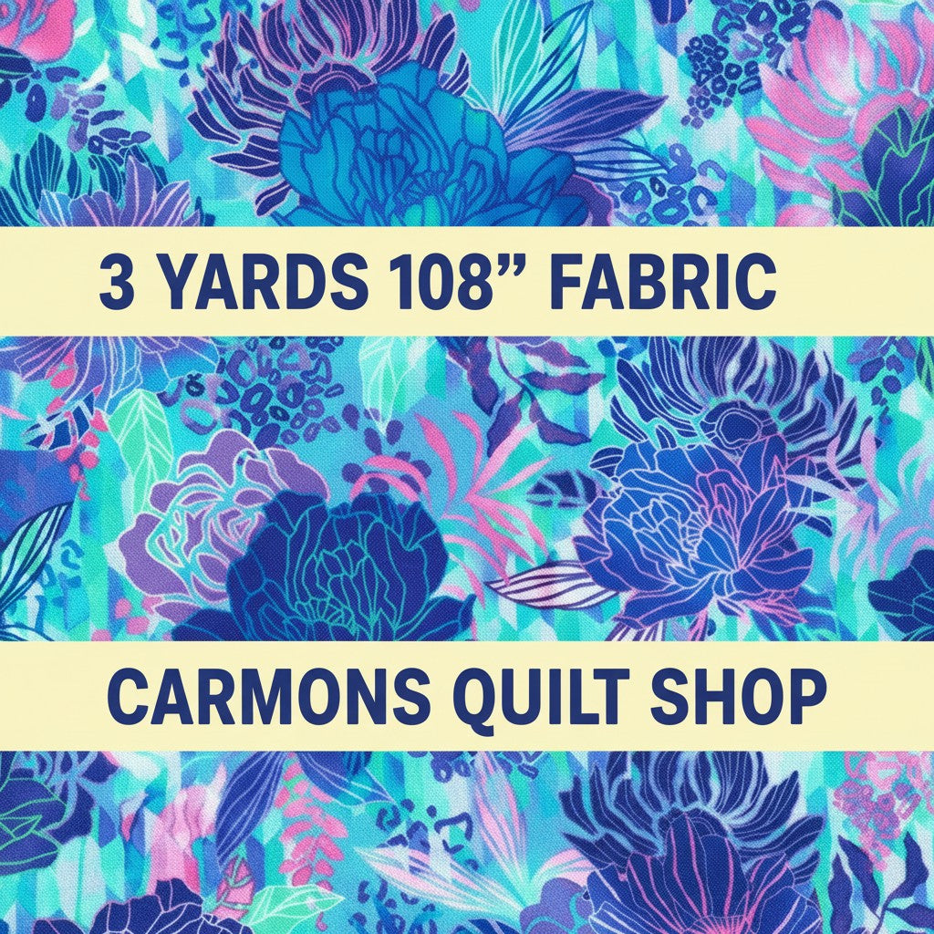Carmon's Quilt Shop 108 inch Lagoon wide backing fabric featuring a vibrant floral pattern in blue and purple tones.