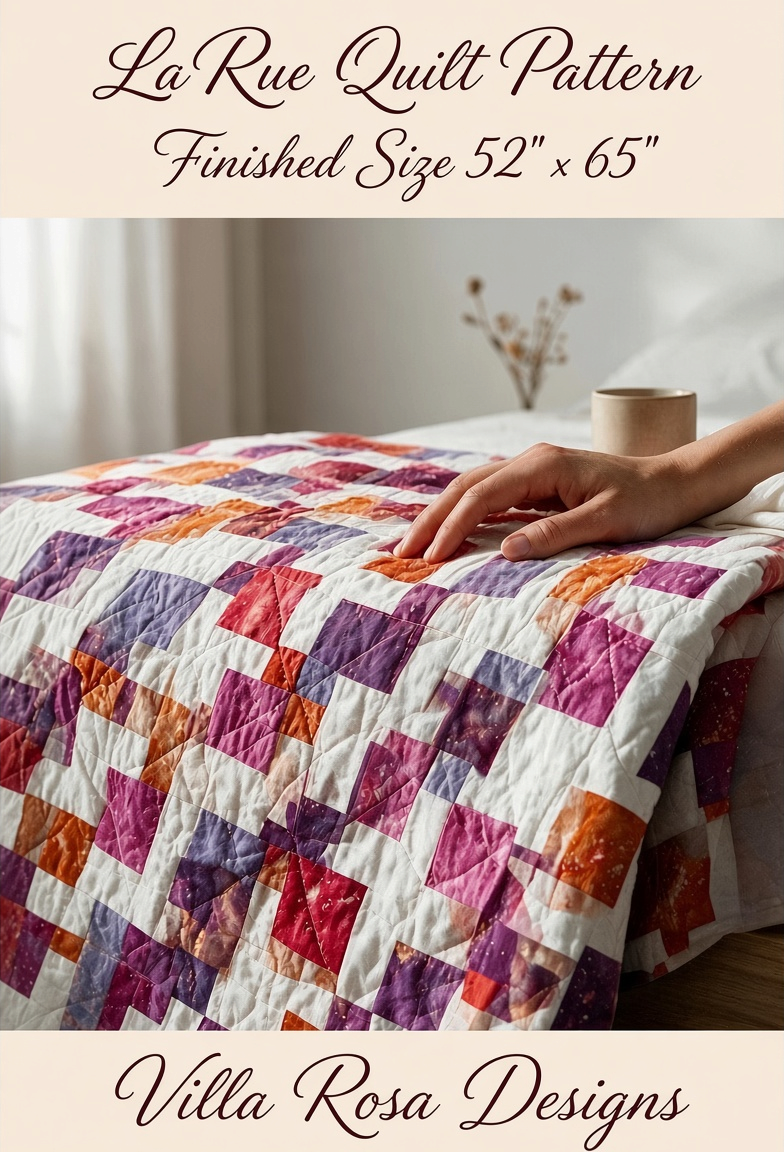 Carmon's Quilt Shop LaRue quilt pattern by Villa Rosa Designs featuring a disappearing nine-patch design on a bed.