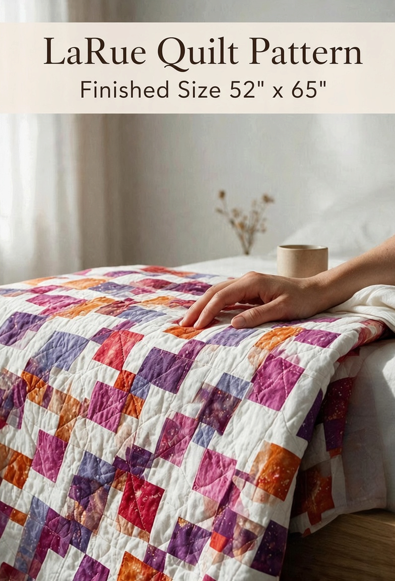 Carmon's Quilt Shop LaRue throw quilt pattern featuring a colorful disappearing nine-patch design on a bed