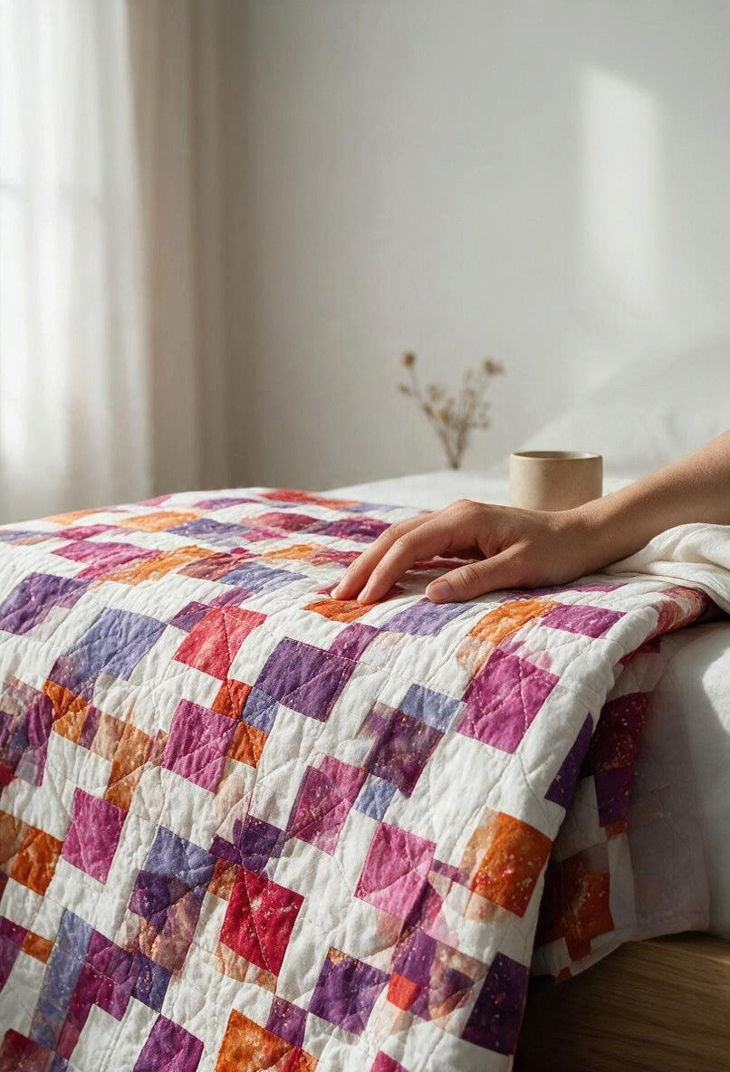 Carmon's Quilt Shop LaRue throw quilt featuring a disappearing nine-patch design in vibrant purple and orange tones