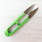 Carmon's Quilt Shop LDH Thread Snips XL with bright green handles and sharp metal blades for precision sewing tasks.