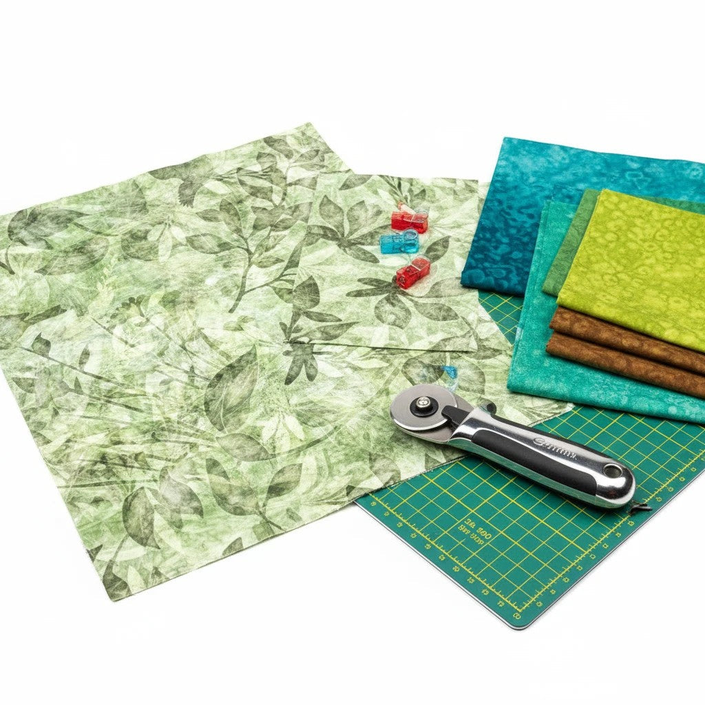 Carmon's Quilt Shop Got Your Back leaf print 108 inch wide cotton fabric with rotary cutter and quilting supplies