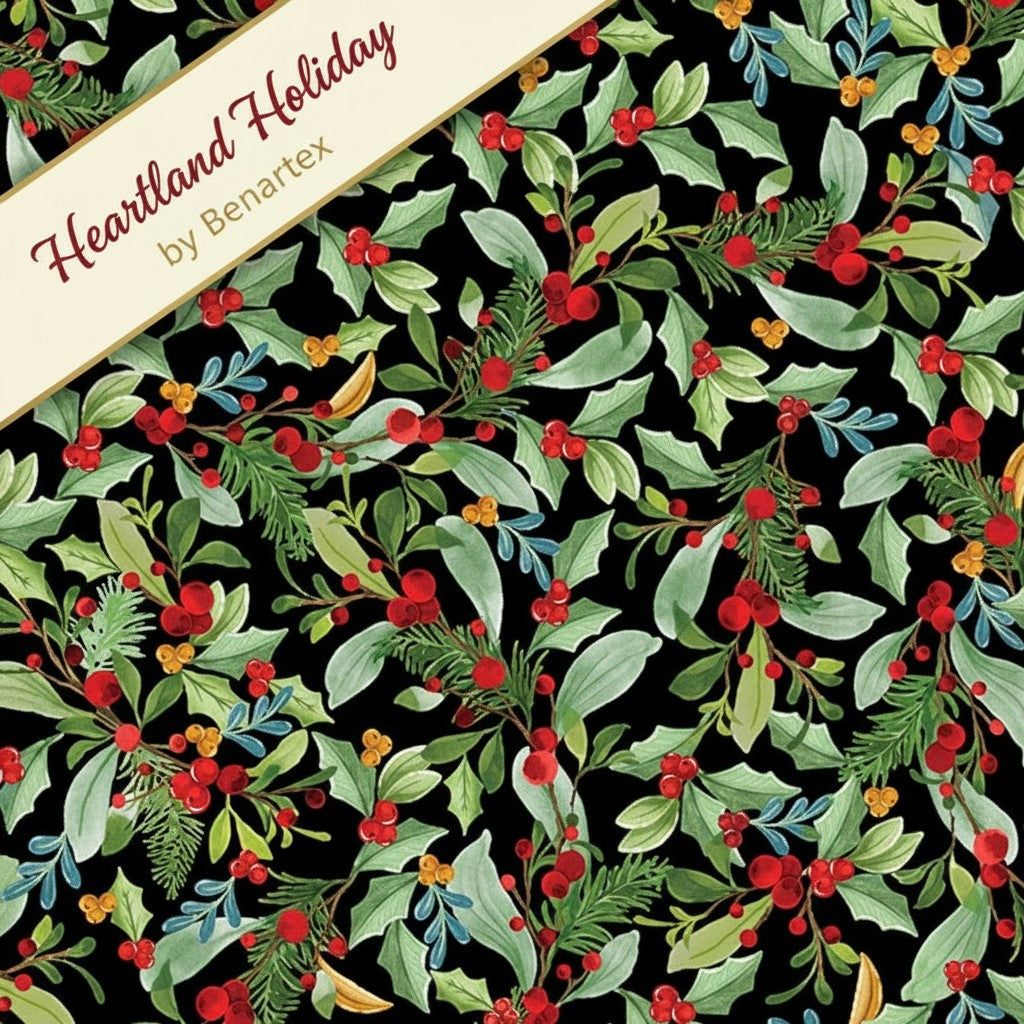 Carmon's Quilt Shop Heartland Holiday Leaves and Berries fabric featuring red berries and green leaves on black cotton