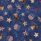 American Spirit dark blue cotton fabric featuring Liberty Bell and patriotic star patterns. Carmon's Quilt Shop