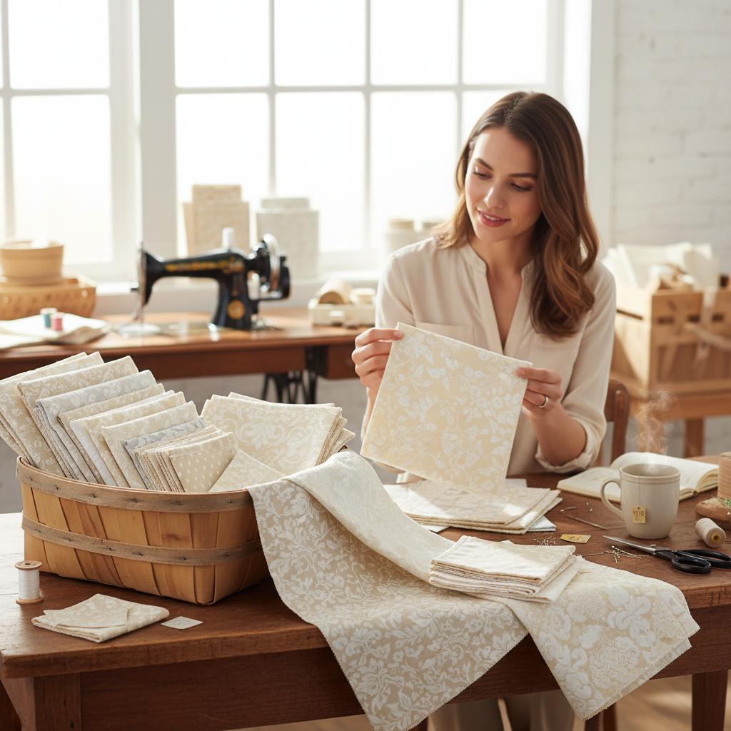 Carmon's Quilt Shop Light As Air 10-inch cotton fabric squares with floral prints in a basket on a wooden table