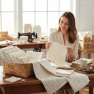 Carmon's Quilt Shop Light As Air 10-inch cotton fabric squares with floral prints in a basket on a wooden table