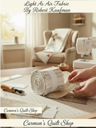 Carmon's Quilt Shop Light As Air cream jelly roll fabric strips on a cutting mat with a rotary cutter and sewing machine